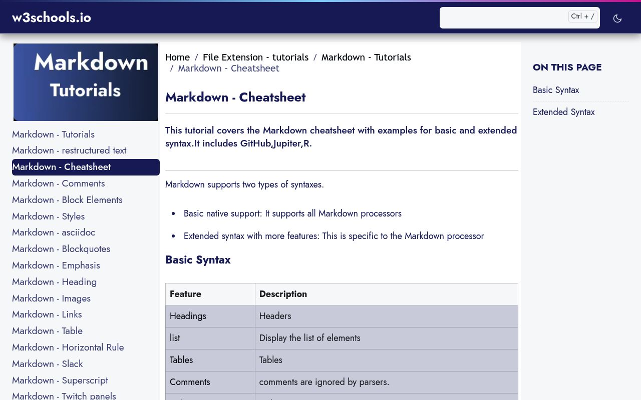 W3schools Markdown Cheatsheet preview